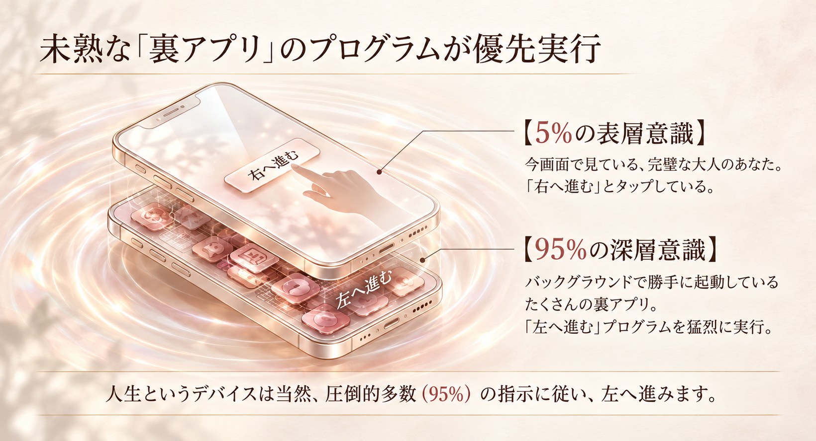 5％の表層意識と95％の深層意識の関係を、スマートフォンの表アプリと裏アプリで説明した図解